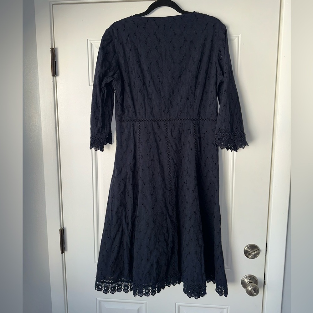 ADOLFO DOMINGUEZ SIZE 44 10 navy blue v-neck midi length lace - Picture 3 of 6